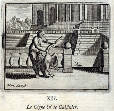 白鳥と料理人。ジャン・ド・ラ・フォンテーヌ（1621-95）の寓話。挿絵はフランソワ・ショーボー（1613-1676）。1728年の版。 作： Francois Chauveau