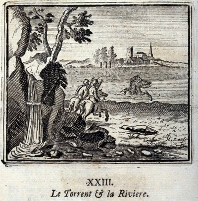 トレントとリヴィエール。ジャン・ド・ラ・フォンテーヌ（1621-95）の寓話。挿絵はフランソワ・ショーボー（1613-1676）。1728年の版。 作： Francois Chauveau