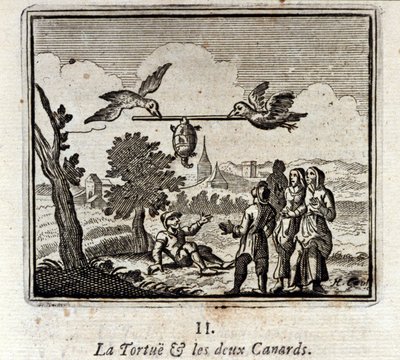 カメと2羽のアヒル。ジャン・ド・ラ・フォンテーヌ（1621-95）の寓話。挿絵はフランソワ・ショーボー（1613-1676）。1728年の版。 作： Francois Chauveau