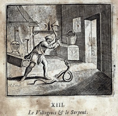 村人と蛇。ジャン・ド・ラ・フォンテーヌ（1621-95）の寓話。挿絵はフランソワ・ショーボー（1613-1676）。1728年の版。 作： Francois Chauveau