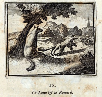 狼と狐。ジャン・ド・ラ・フォンテーヌ（1621-95）の寓話。挿絵はフランソワ・ショーボー（1613-1676）。1728年の版。 作： Francois Chauveau