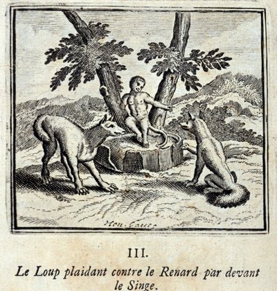 モンキーの前でフォックスに弁明するウルフ。ジャン・ド・ラ・フォンテーヌ（1621-95）の寓話。挿絵はフランソワ・ショーボー（1613-1676）。1728年の版。 作： Francois Chauveau