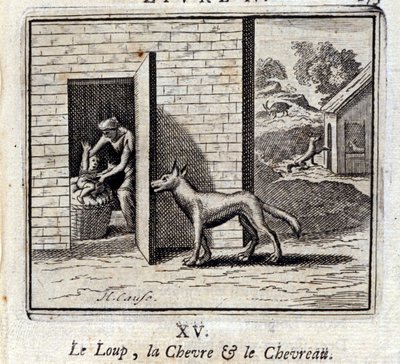 オオカミとヤギとヤギ。ジャン・ド・ラ・フォンテーヌ（1621-95）の寓話。挿絵はフランソワ・ショーボー（1613-1676）。1728年の版。 作： Francois Chauveau