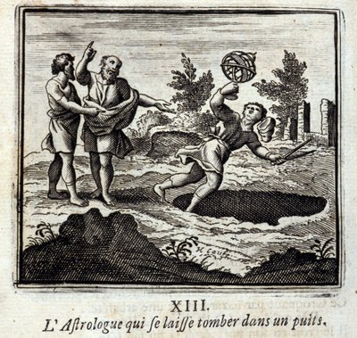 井戸に落ちる占星術師。ジャン・ド・ラ・フォンテーヌ（1621-95）の寓話。挿絵はフランソワ・ショーボー（1613-1676）。1728年の版。 作： Francois Chauveau