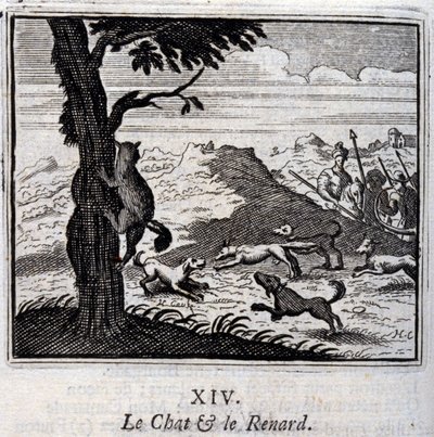 ネコとキツネ。ジャン・ド・ラ・フォンテーヌ（1621-95）の寓話。挿絵はフランソワ・ショーボー（1613-1676）。1728年の版。 作： Francois Chauveau