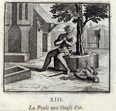 金の卵を持った鶏。ジャン・ド・ラ・フォンテーヌ（1621-95）の寓話。挿絵はフランソワ・ショーボー（1613-1676）。1728年の版。 作： Francois Chauveau
