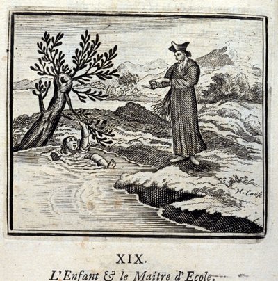 子供と学校の先生。ジャン・ド・ラ・フォンテーヌ（1621-95）の寓話。挿絵はフランソワ・ショーボー（1613-1676）。1728年の版。 作： Francois Chauveau