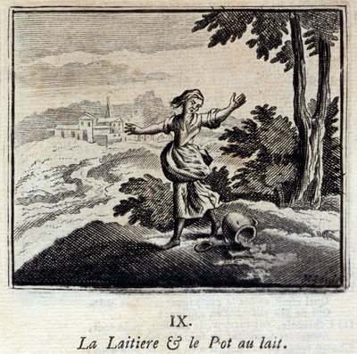 酪農家と牛乳瓶。ジャン・ド・ラ・フォンテーヌ(1621-95)の寓話。挿絵はフランソワ・ショーボー（1613-1676）。1728年の版。 作： Francois Chauveau