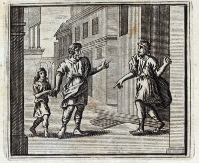 預かり人は不信心者。ジャン・ド・ラ・フォンテーヌ（1621-95）の寓話。挿絵はフランソワ・ショーボー（1613-1676）。1728年の版。 作： Francois Chauveau