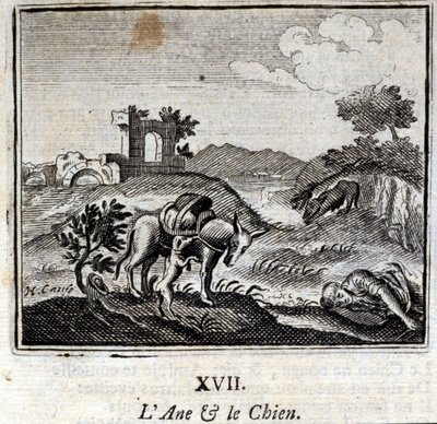 ロバと犬の話ジャン・ド・ラ・フォンテーヌ（1621-95）の寓話。挿絵はフランソワ・ショーボー（1613-1676）。1728年の版。 作： Francois Chauveau
