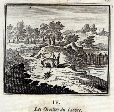 リーヴルの耳。ジャン・ド・ラ・フォンテーヌ（1621-95）の寓話。挿絵はフランソワ・ショーボー（1613-1676）。1728年の版。 作： Francois Chauveau