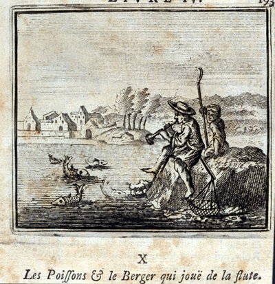 フルートを吹く魚と羊飼い。ジャン・ド・ラ・フォンテーヌ（1621-95）の寓話。挿絵はフランソワ・ショーボー（1613-1676）。1728年の版。 作： Francois Chauveau