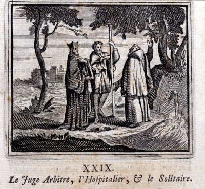裁判官はホスピタリテとソリティアを審判する。ジャン・ド・ラ・フォンテーヌ（1621-95）の寓話。挿絵はフランソワ・ショーボー（1613-1676）。1728年の版。 作： Francois Chauveau