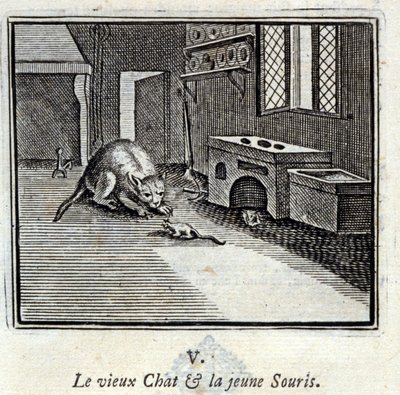 年老いた猫と若いネズミ。ジャン・ド・ラ・フォンテーヌ（1621-95）の寓話。挿絵はフランソワ・ショーボー（1613-1676）。1728年の版。 作： Francois Chauveau