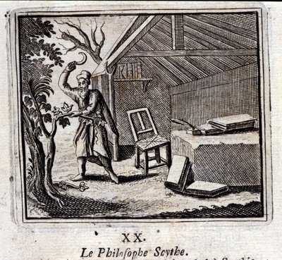哲学者のサイス。ジャン・ド・ラ・フォンテーヌ（1621-95）の寓話。挿絵はフランソワ・ショーボー（1613-1676）。1728年の版。 作： Francois Chauveau