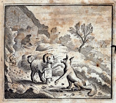 病気のライオンとキツネ。ジャン・ド・ラ・フォンテーヌ（1621-95）の寓話。挿絵はフランソワ・ショーボー（1613-1676）。1728年の版。 作： Francois Chauveau