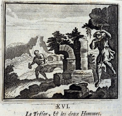 会計係と二人の男。ジャン・ド・ラ・フォンテーヌ（1621-95）の寓話。挿絵はフランソワ・ショーボー（1613-1676）。1728年の版。 作： Francois Chauveau