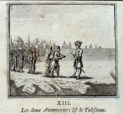 二人の冒険者とタリスマン。ジャン・ド・ラ・フォンテーヌ（1621-95）の寓話。挿絵はフランソワ・ショーボー（1613-1676）。1728年の版。 作： Francois Chauveau