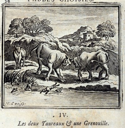 2匹の雄牛と1匹のカエル。ジャン・ド・ラ・フォンテーヌ（1621-95）の寓話。挿絵はフランソワ・ショーボー（1613-1676）。1728年の版。 作： Francois Chauveau