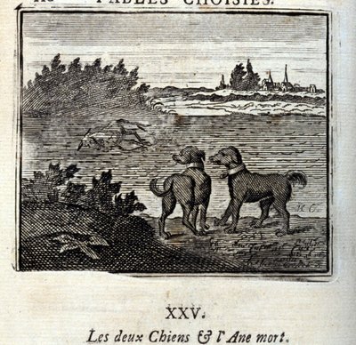 2匹の犬と死んだロバ。ジャン・ド・ラ・フォンテーヌ（1621-95）の寓話。挿絵はフランソワ・ショーボー（1613-1676）。1728年の版。 作： Francois Chauveau