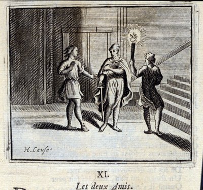 二人の友人。ジャン・ド・ラ・フォンテーヌ（1621-95）の寓話。挿絵はフランソワ・ショーボー（1613-1676）。1728年の版。 作： Francois Chauveau