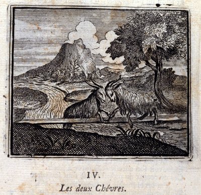 二匹のヤギ。ジャン・ド・ラ・フォンテーヌ（1621-95）の寓話。挿絵はフランソワ・ショーボー（1613-1676）。1728年の版。 作： Francois Chauveau