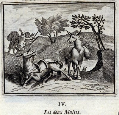 二匹のラバ。ジャン・ド・ラ・フォンテーヌ（1621-95）の寓話。挿絵はフランソワ・ショーボー（1613-1676）。1728年の版。 作： Francois Chauveau