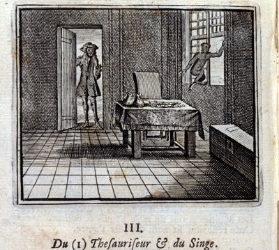 シソーラスと猿。ジャン・ド・ラ・フォンテーヌ（1621-95）の寓話。挿絵はフランソワ・ショーボー（1613-1676）。1728年の版。 作： Francois Chauveau