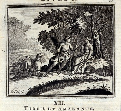 チルシスとアマランスジャン・ド・ラ・フォンテーヌ（1621-95）の寓話。挿絵はフランソワ・ショーボー（1613-1676）。1728年の版。 作： Francois Chauveau