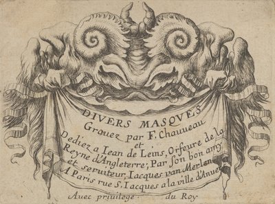 2 つのサテュロスの頭を持つタイトル プレート、『ダイバーズ マスクス』より。 1635-45。 作： Francois Chauveau