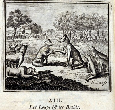 狼と羊。ジャン・ド・ラ・フォンテーヌ（1621-95）の寓話。挿絵はフランソワ・ショーボー（1613-1676）。1728年の版。 作： Francois Chauveau