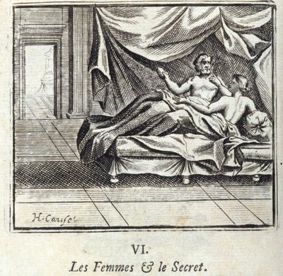 女性と秘密。ジャン・ド・ラ・フォンテーヌ（1621-95）の寓話。挿絵はフランソワ・ショーボー（1613-1676）。1728年の版。 作： Francois Chauveau