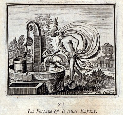 運命の人と幼い子供。ジャン・ド・ラ・フォンテーヌ（1621-95）の寓話。挿絵はフランソワ・ショーボー（1613-1676）。1728年の版。 作： Francois Chauveau