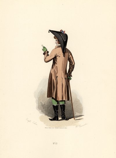ヘーゼルナッツ色のコートを着て、単眼鏡をつけた男性。 作： Francois Claudius (after) Compte Calix