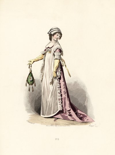 パンジー色のドレスを着て、エプロンとショールを身につけた女性。 作： Francois Claudius (after) Compte Calix