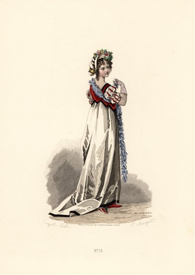 黒のベルベットで縁取られた白いドレスを着た女性。 作： Francois Claudius (after) Compte Calix