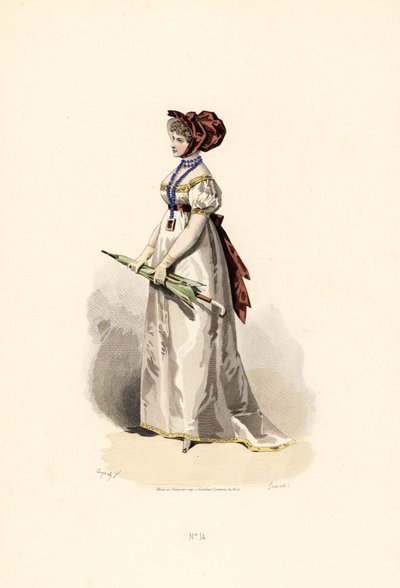 白いドレスに麦わら色の縁取りとガーネットのベルトをした女性。 作： Francois Claudius (after) Compte Calix