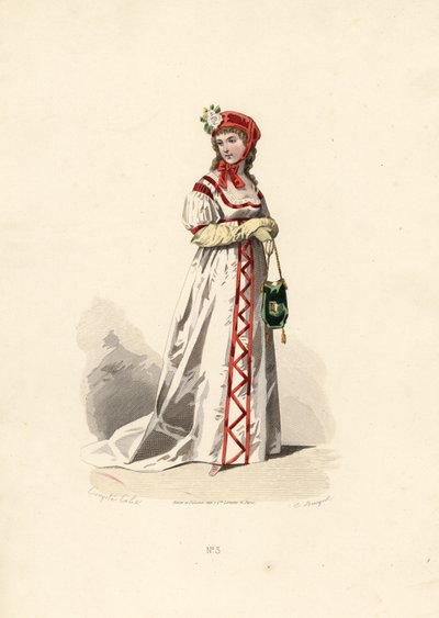 ベルベット柄の白いドレスを着た女性。 作： Francois Claudius (after) Compte Calix