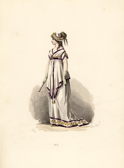 ライラックのベルベットで縁取られた白いチュニックドレスを着た女性。 作： Francois Claudius (after) Compte Calix
