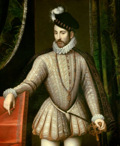 フランス王シャルル9世（1550-1574）の足元の肖像。詳細フランソワ・クルエ（1515-1572）による絵画 作： François Clouet