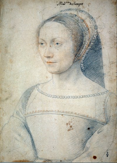 エタンプ公爵夫人ジャン・ド・ブラッシュの妻、アンヌ・ド・ピッスルの肖像（1508年～1576年）。フランソワ・クルエ（1515-1572）による黒い石と血を使ったドローイング 作： François Clouet