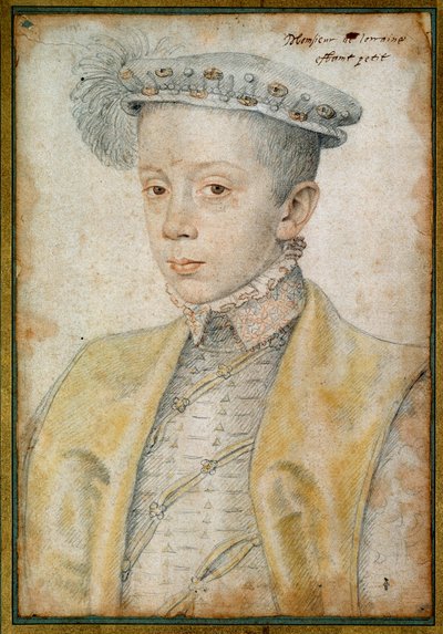 ロレーヌとバーの公爵シャルル2世（1543-1608）の肖像。クルエ・フランソワ（1515-1572）による血と黒い石のドローイング 作： François Clouet