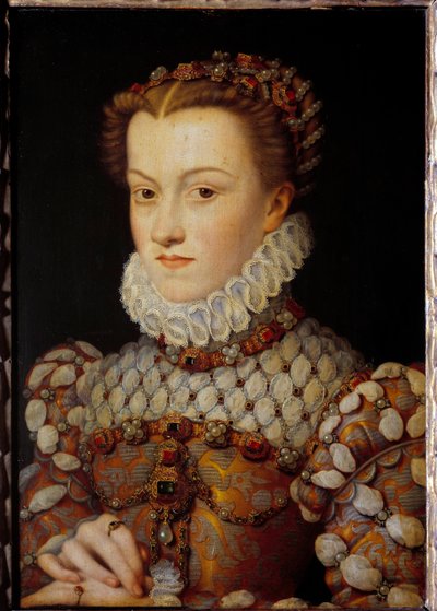 エリザベート・オブ・オーストリア（1554-1592）の肖像 フランス王妃、シャルル9世の妻 フランソワ・クルエ（1515-1572）による絵画 1571年頃 日。0,36x0,26 m - シャルル9世の妻であるフランス王妃エリザベート・オブ・オーストリア（1554-1592）の肖像。フランソワ・クルエによる絵画 作： François Clouet