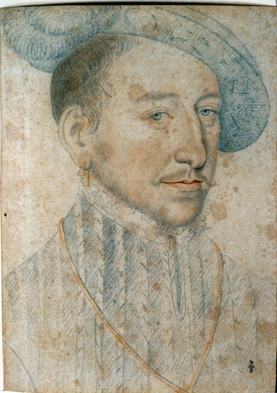 フランス王アンリ2世（1519-1559）の肖像。フランソワ・クルエ（1515-1572）による黒い石と血のドローイング 作： François Clouet