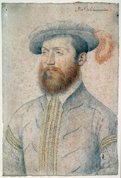 ブルゴニエール領主ジャン・デュプレシ（1525 - 1594）の肖像。フランソワ・クルエ（1515-1572）による血と黒い石のドローイング 作： François Clouet