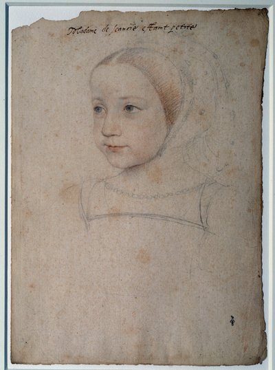 マルグリット・ド・フランス（1523-1574）の肖像 フランソワ1世の娘、サヴォワ公爵夫人の子供 黒石でデッサンし、フランソワ・クルエ（1515-1572）が水彩で血色を良くした 16世紀 シャンティイ、コンデ美術館蔵 作： François Clouet