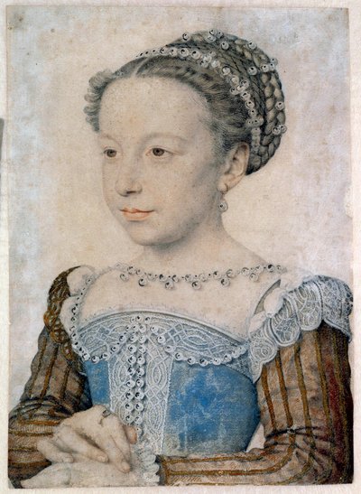 マルグリット・ド・ヴァロワ（1553-1615）またはマルゴー王妃の肖像 フランソワ・クルエ（1515年頃-1572年）による鉛筆と血で描かれた16世紀の日。0.29 X 0.21 m シャンティイ、コンデ美術館 作： François Clouet