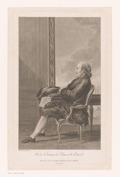 ベンジャミン・フランクリンの肖像画と椅子に座った横顔 作： Francois Denis Nee