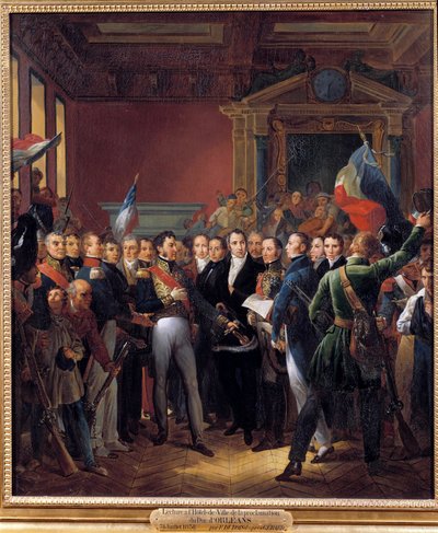 1830年の革命のエピソード、7月の日：ルイ・フィリップ・ドルレアン（フランス国王ルイ・フィリップ1世となる）（1773-1850）の中将。「パリのHotel de Villeで、代表者たちの宣言と公布文を読み上げる。 作： Francois Dubois