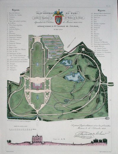 トマ・ド・コルマールが所有するメゾン城の庭園の全体図、G.ロルシニョールの彫刻 作： Francois Duvillers